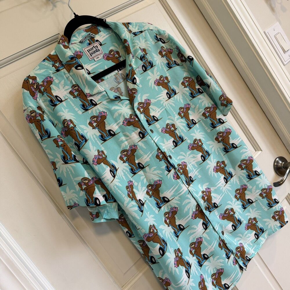 Party Pants Shirt Mens Large Sloth Animal Print Cartoon Funny Casual Hawaiian